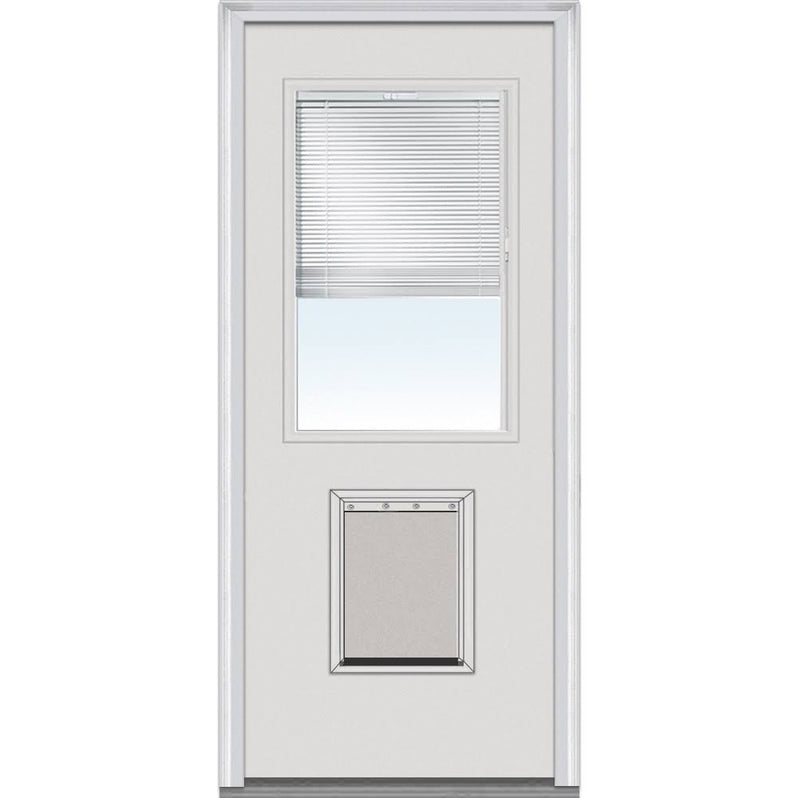 National Door Company Steel Exterior Door, Primed, 1/2 Lite with Clear Glass Internal Blinds & Pet Door, Right Hand Inswing, 32x80