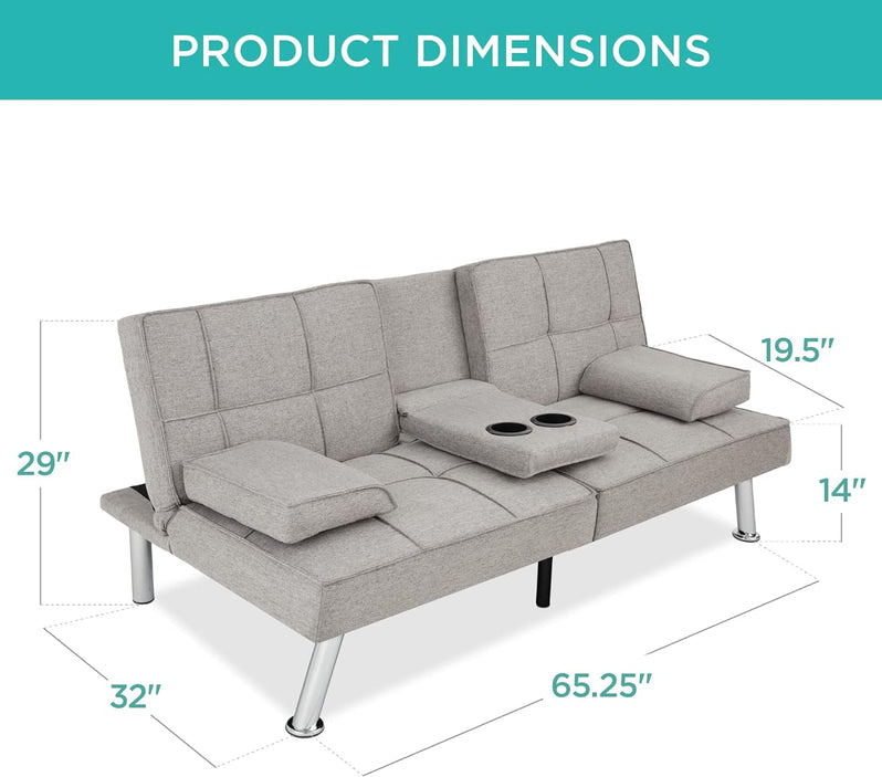 Best Choice Products Linen Upholstered Modern Convertible Folding Futon Sofa Bed for Compact Living Space, Apartment, Dorm, Bonus Room w/Removable Armrests, Metal Legs, 2 Cupholders - Gray