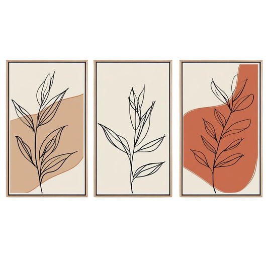 Vontry Set of 3 Boho Wall Art Prints - Minimalist Botanical Line Art - Light Oak Frames - Terracotta & Cream Decor for Bedroom, Bathroom & Gallery Wall