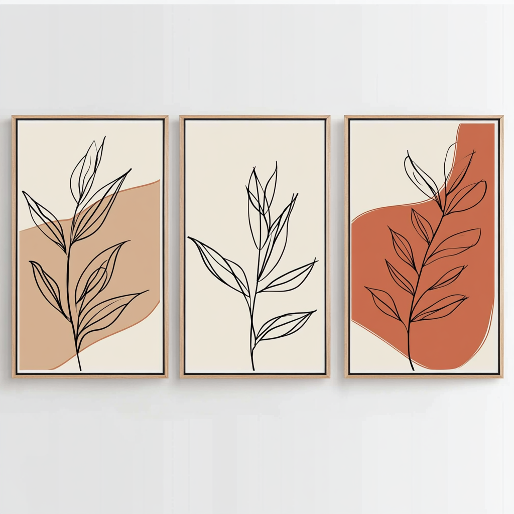 Vontry Set of 3 Boho Wall Art Prints - Minimalist Botanical Line Art - Light Oak Frames - Terracotta & Cream Decor for Bedroom, Bathroom & Gallery Wall