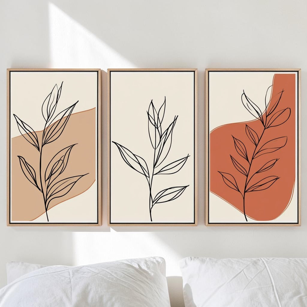 Vontry Set of 3 Boho Wall Art Prints - Minimalist Botanical Line Art - Light Oak Frames - Terracotta & Cream Decor for Bedroom, Bathroom & Gallery Wall